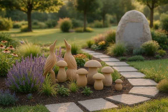 Einzigartige Sandstein-Skulpturen in Form von Pilzen und Kranichen – liebevoll im Gartenbeet arrangiert.