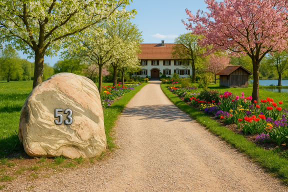 Findling als markanter Hausnummernstein an der Einfahrt eines Landhauses platziert