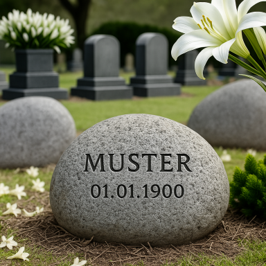 Grabstein mit der Aufschrift "MUSTER" und dem Datum "01.01.1900", Blumen im Hintergrund.